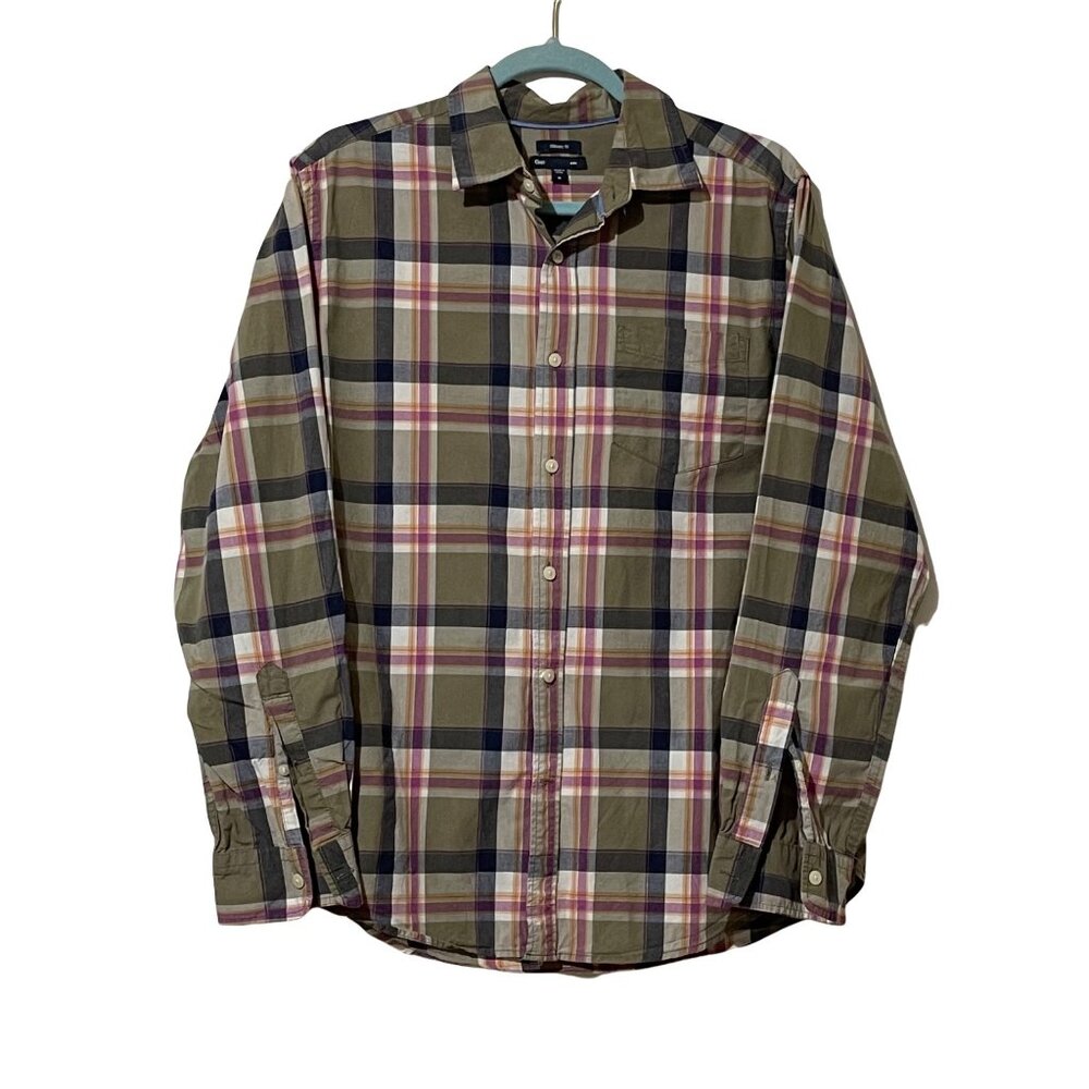 Gap Factory Womens Classic Fit Dusty Olive Plaid Button-Down Shirt M Long Sleeve
